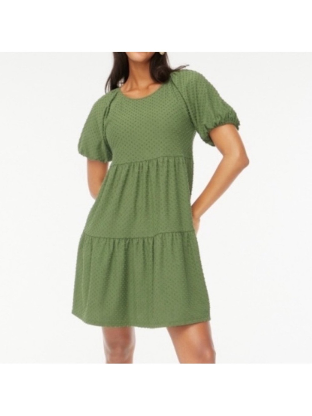 J. Crew Olive Green Puff Sleeve Tiered Mini Dress